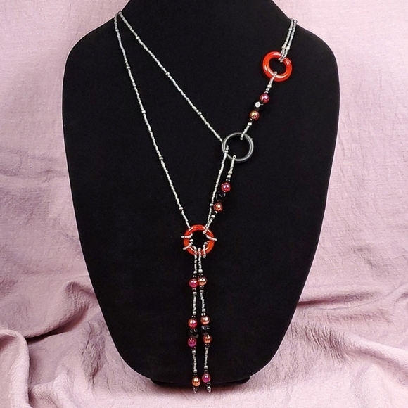 Hand Crafted Jewelry - Beaded Lariat Necklace Red and Gray Beaded Choker Necklace Beaded Long Necklace